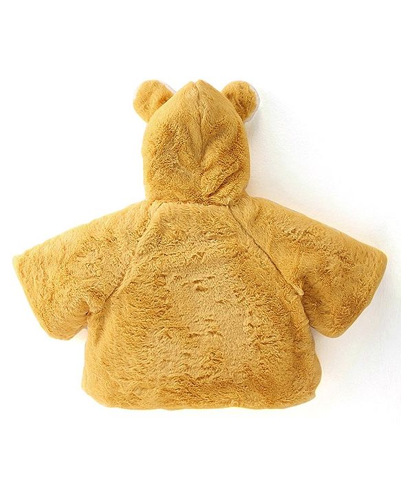 Babyhug Full Sleeves Fur Hooded Jacket with Bow & Star Applique - Mustard
