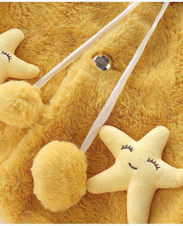 Babyhug Full Sleeves Fur Hooded Jacket with Bow & Star Applique - Mustard