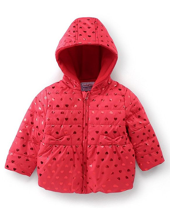 Babyhug Full Sleeves Hooded & Padded Jacket Foil Hearts Print- Red