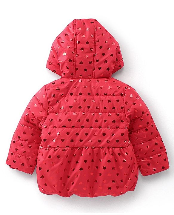 Babyhug Full Sleeves Hooded & Padded Jacket Foil Hearts Print- Red