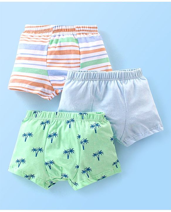 Babyhug 100% Cotton Trunk Striped & Palms Printed Pack of 3 - Green & Blue