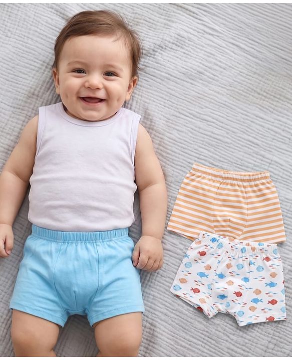 Babyhug 100% Cotton Knit Striped & Fish Printed Trunks Pack of 3 - Multicolour