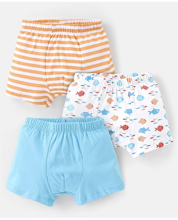 Babyhug 100% Cotton Knit Striped & Fish Printed Trunks Pack of 3 - Multicolour