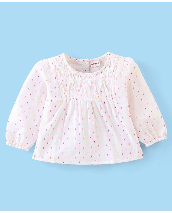Babyhug 100% Cotton Knit Full Sleeves Top Swiss Dot - White