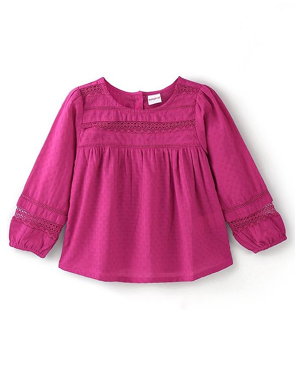 Babyhug 100% Cotton Full Sleeves Dobby Printed Top with Lace Detailing - Pink