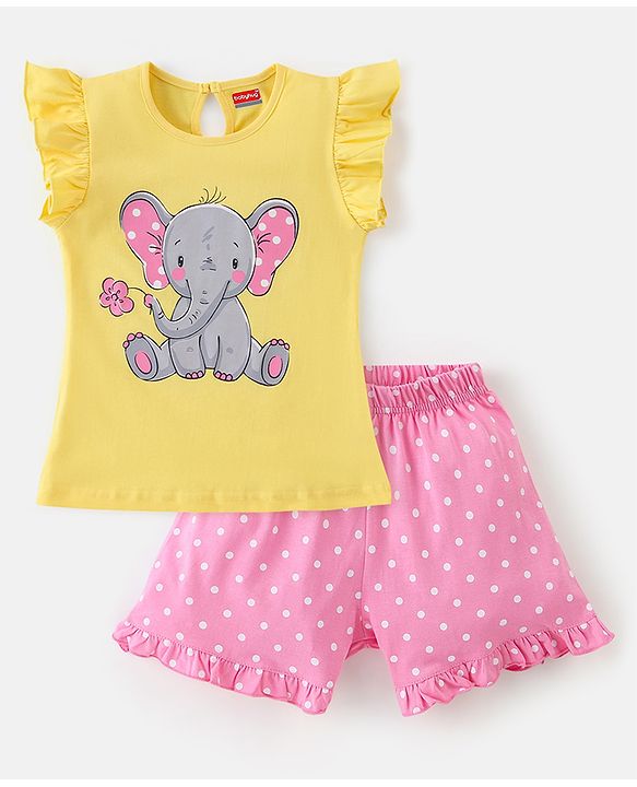 Babyhug Cotton Half Sleeves Night Suit Elephant & Dot Print- Yellow & Pink