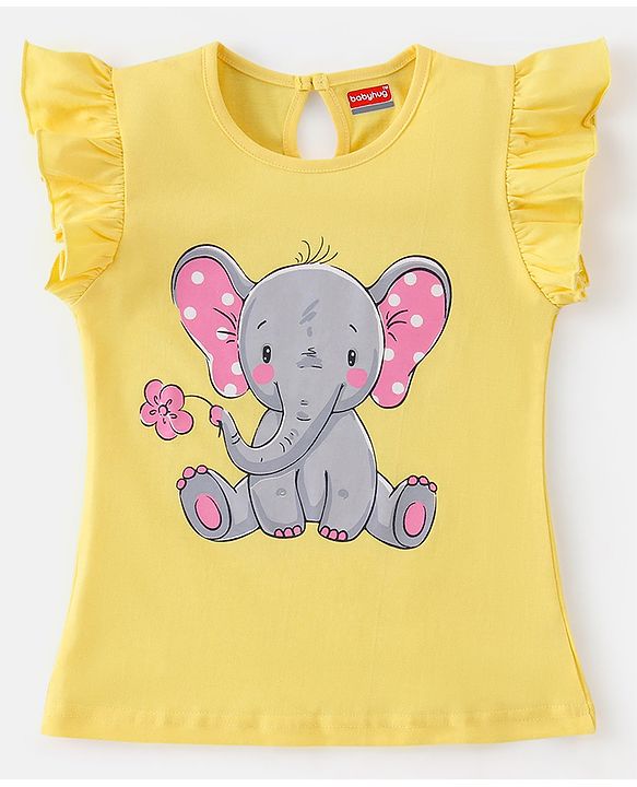 Babyhug Cotton Half Sleeves Night Suit Elephant & Dot Print- Yellow & Pink