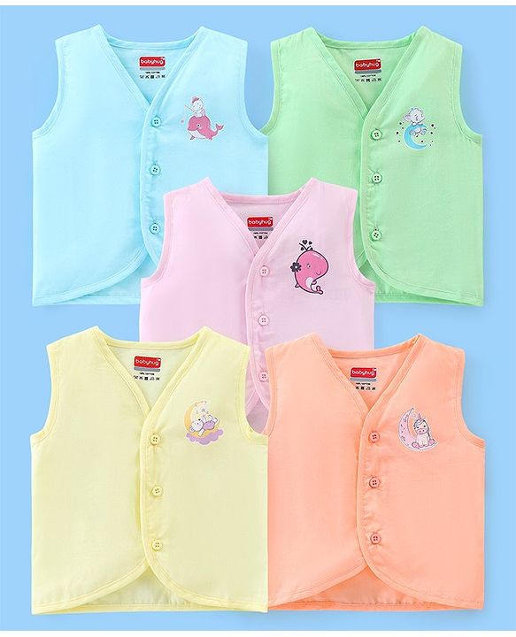 Babyhug Cotton Sleeveless Front Open Jhabla with Dolphin Print Pack of 5 - Multicolour