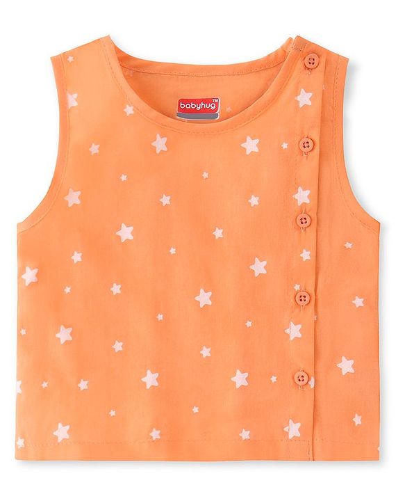 Babyhug Sleeveless Jhabla & Full Length Pajama Set With Star Print - Orange