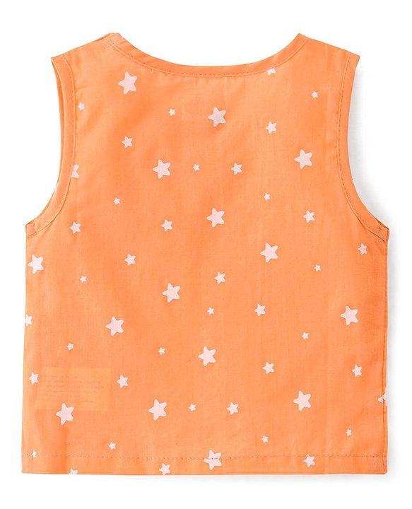 Babyhug Sleeveless Jhabla & Full Length Pajama Set With Star Print - Orange