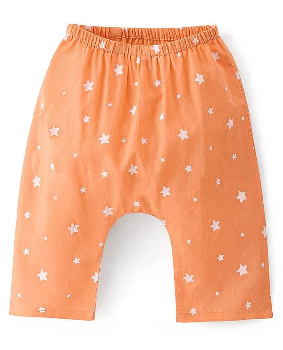 Babyhug Sleeveless Jhabla & Full Length Pajama Set With Star Print - Orange