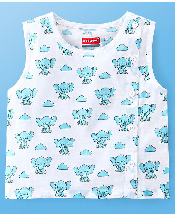 Babyhug Sleeveless Jhabla & Full Length Pajama Set With Elephant Print - Blue