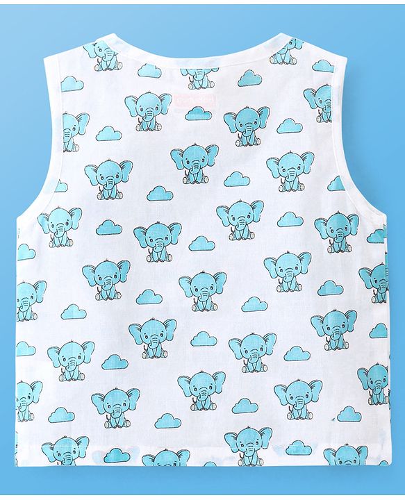 Babyhug Sleeveless Jhabla & Full Length Pajama Set With Elephant Print - Blue