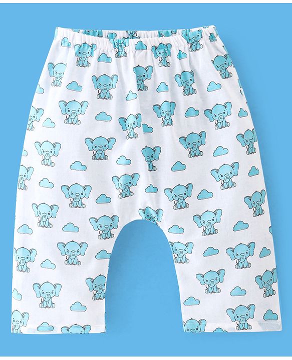 Babyhug Sleeveless Jhabla & Full Length Pajama Set With Elephant Print - Blue