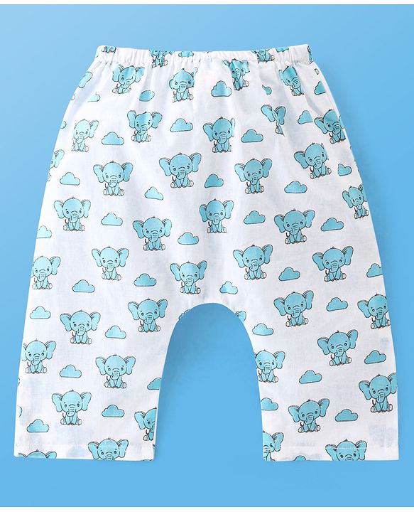 Babyhug Sleeveless Jhabla & Full Length Pajama Set With Elephant Print - Blue