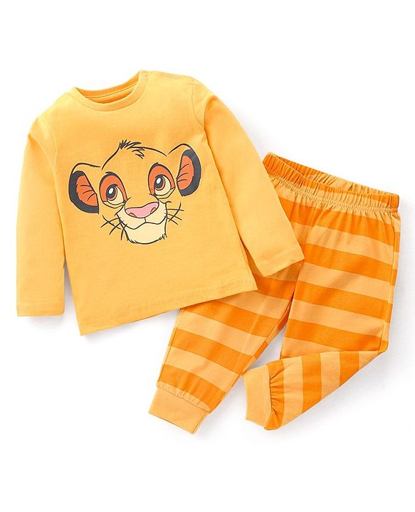 Babyhug Cotton Single Jersey Knit Full Sleeves Night Suit Stripes & Simba Print - Yellow