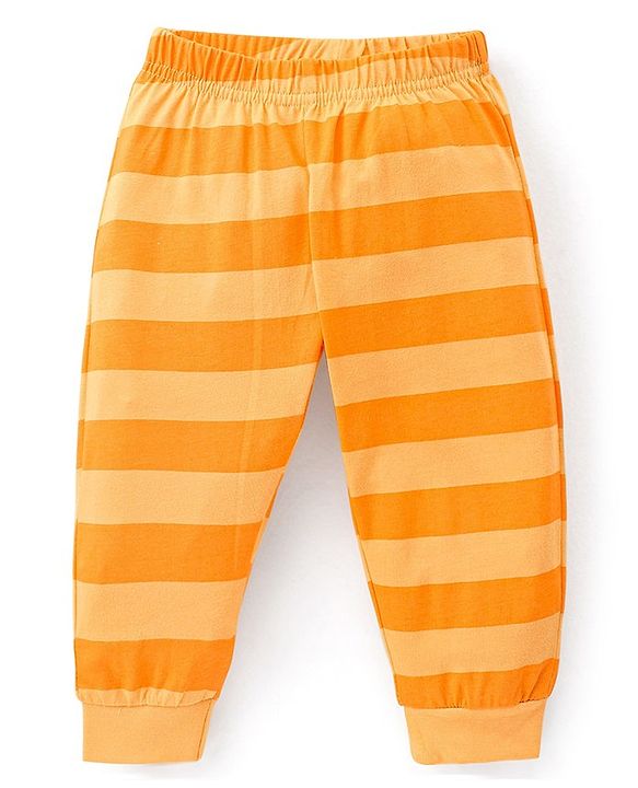 Babyhug Cotton Single Jersey Knit Full Sleeves Night Suit Stripes & Simba Print - Yellow