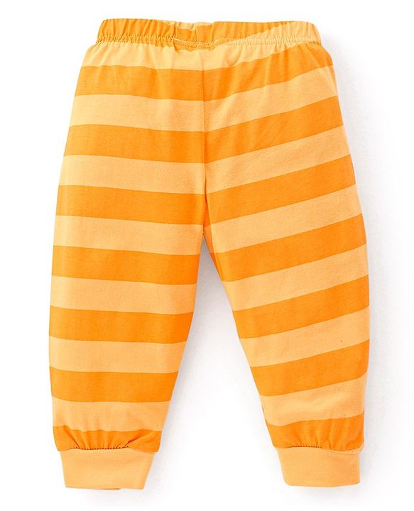 Babyhug Cotton Single Jersey Knit Full Sleeves Night Suit Stripes & Simba Print - Yellow