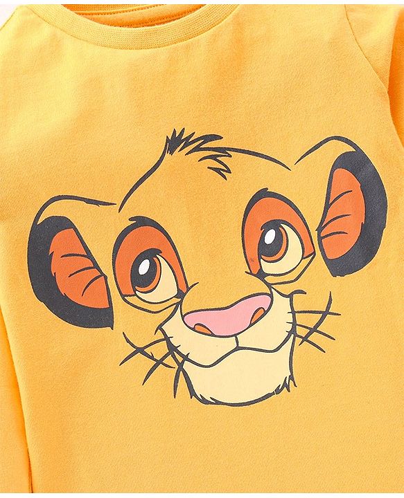 Babyhug Cotton Single Jersey Knit Full Sleeves Night Suit Stripes & Simba Print - Yellow