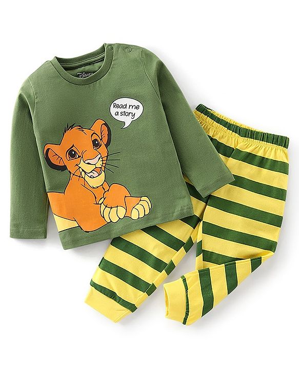 Babyhug Cotton Knit Full Sleeves Night Suit With Simba Print - Green & Yellow
