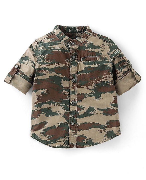 Babyhug Cotton Knit  Full Sleeves Shirt & Denim Jeans With Camoflauge Print - Green