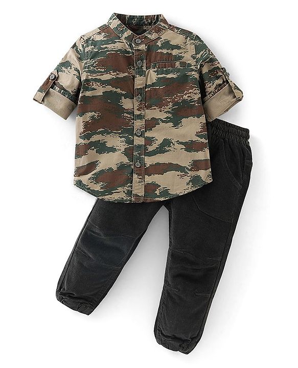 Babyhug Cotton Knit  Full Sleeves Shirt & Denim Jeans With Camoflauge Print - Green