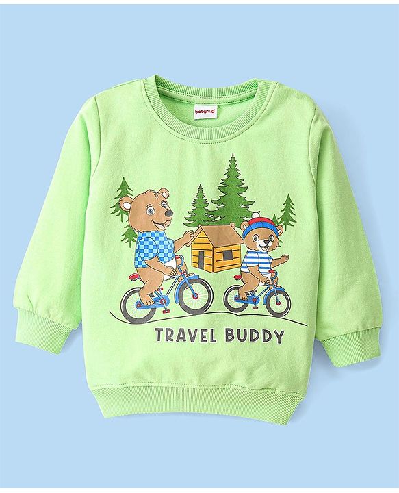 Babyhug Cotton Full Sleeves Sweatshirt With Bear Graphics- Light Green