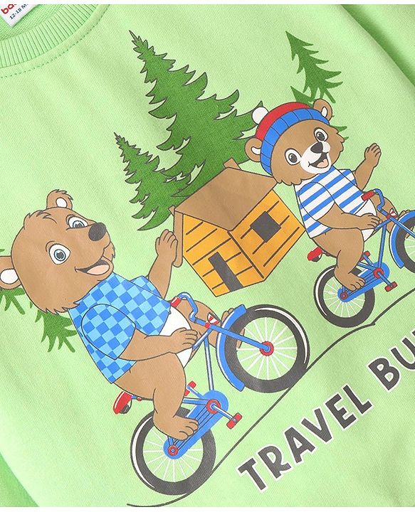 Babyhug Cotton Full Sleeves Sweatshirt With Bear Graphics- Light Green