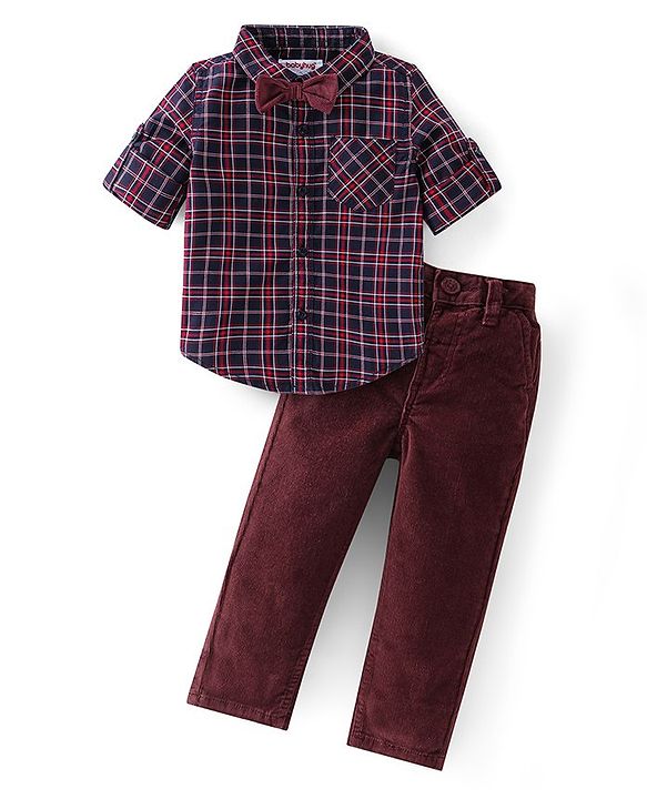 Babyhug Cotton Woven Full Sleeves Party Wear Checked Shirt with Bow and Pant Set - Maroon