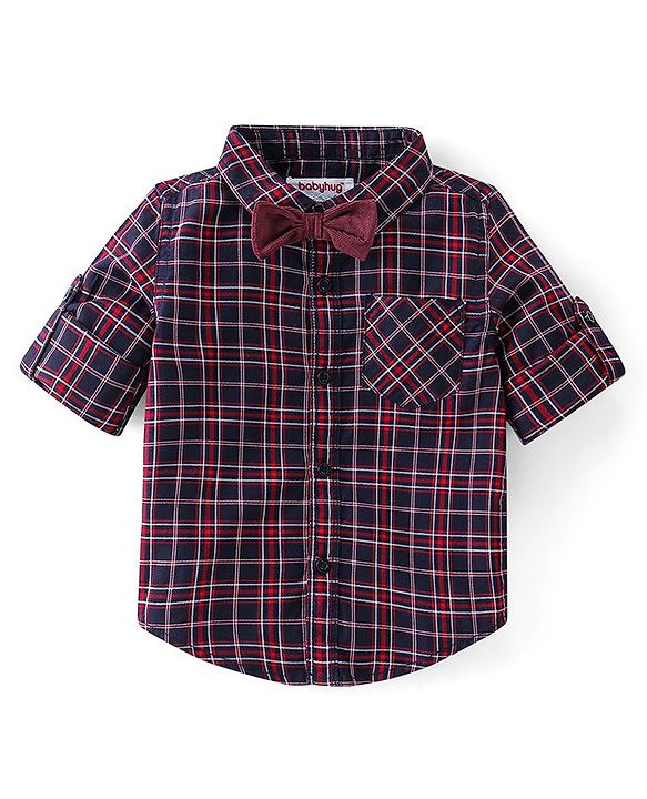 Babyhug Cotton Woven Full Sleeves Party Wear Checked Shirt with Bow and Pant Set - Maroon