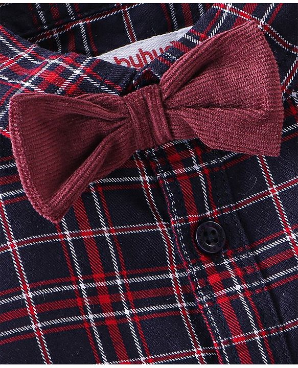 Babyhug Cotton Woven Full Sleeves Party Wear Checked Shirt with Bow and Pant Set - Maroon