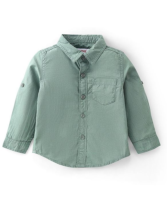 Babyhug 100% Cotton Woven Full Sleeves Solid Color Shirt & Pant Set With Bow - Olive Green