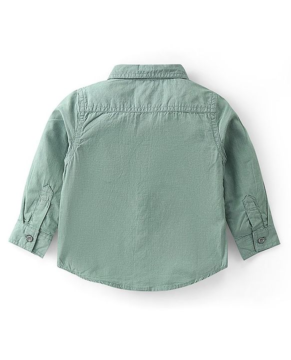 Babyhug 100% Cotton Woven Full Sleeves Solid Color Shirt & Pant Set With Bow - Olive Green
