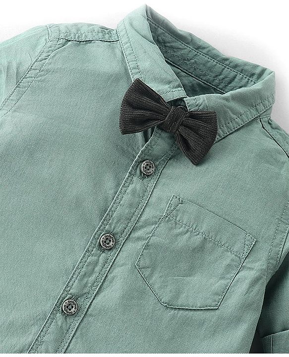 Babyhug 100% Cotton Woven Full Sleeves Solid Color Shirt & Pant Set With Bow - Olive Green