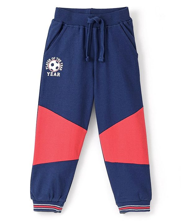Babyhug Cotton Looper Knit Full Length Lounge Pants Colour Block - Navy Blue