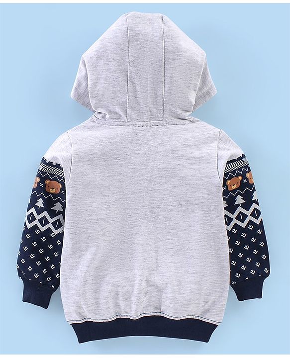 Babyhug Cotton Knit Full Sleeves Bear Printed Sweatjacket with Zipper & Hood - Grey