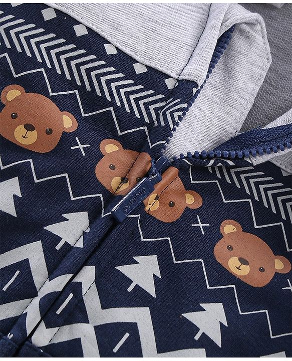 Babyhug Cotton Knit Full Sleeves Bear Printed Sweatjacket with Zipper & Hood - Grey