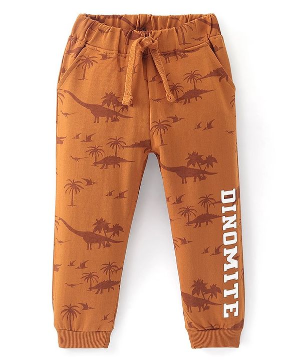 Babyhug Cotton Looper Full Length Lounge Pant Dino Printed - Orange