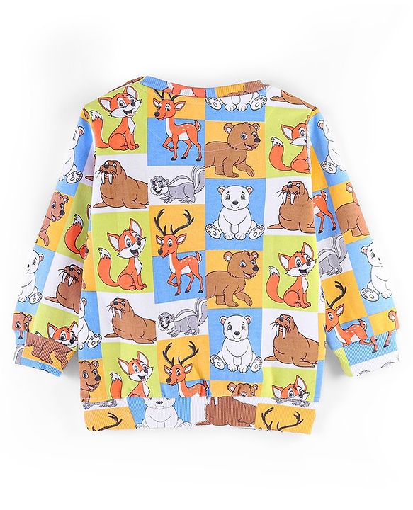 Babyhug Cotton Full Sleeves Sweatshirt Fox & Deer Print- Blue Green & Yellow
