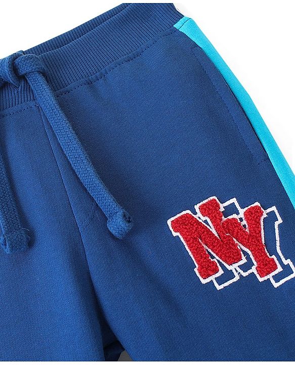 Babyhug Full Length Cotton Looper Lounge Pant with Terry Applique Embroidery-Navy Blue