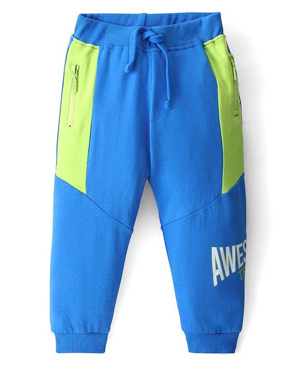 Babyhug Cotton Looper Knit Full Length Lounge Pant Text Print - Blue