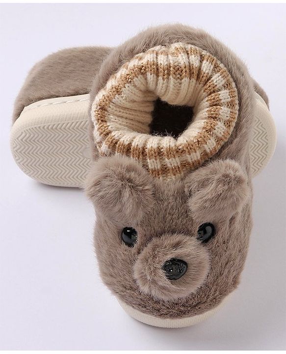 Cute Walk by Babyhug Fur Bear Face Applique  Winter Booties - Beige