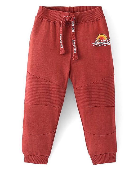 Babyhug Cotton Looper Knit Adventure Text Printed Lounge Pant - Rust