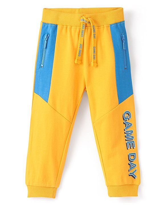 Babyhug Cotton Looper Knit Full Length Track Pants Text Print - Yellow