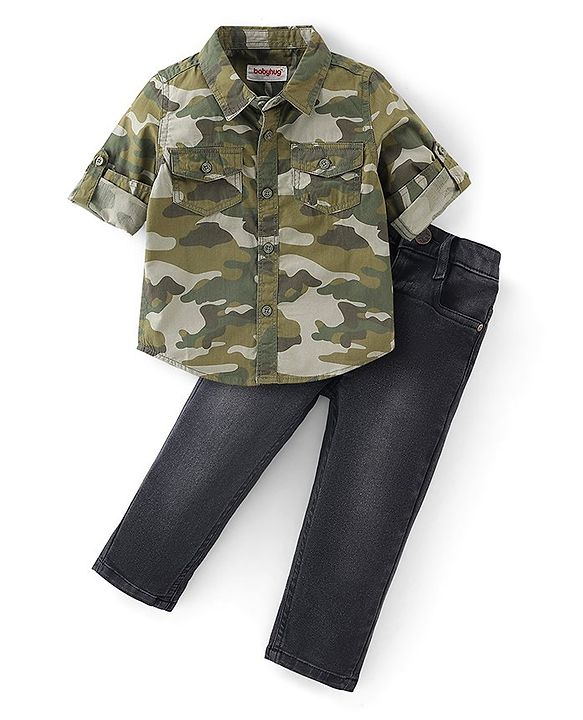 Babyhug Cotton Knit Full Sleeves Shirt & Denim Jeans With Camouflage Print - Green & Black