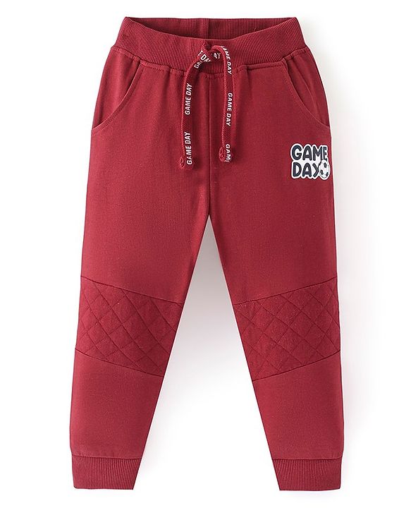 Babyhug Cotton Looper Knit Game Day Text Printed Lounge Pant - Red