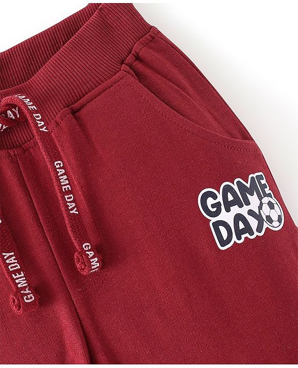 Babyhug Cotton Looper Knit Game Day Text Printed Lounge Pant - Red