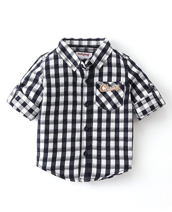 Babyhug Cotton Knit Full Sleeves Shirt & Lounge Pant With Checkered & Text Embroidery - Blue &  Brown