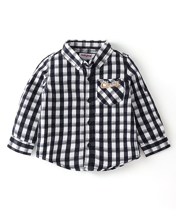 Babyhug Cotton Knit Full Sleeves Shirt & Lounge Pant With Checkered & Text Embroidery - Blue &  Brown