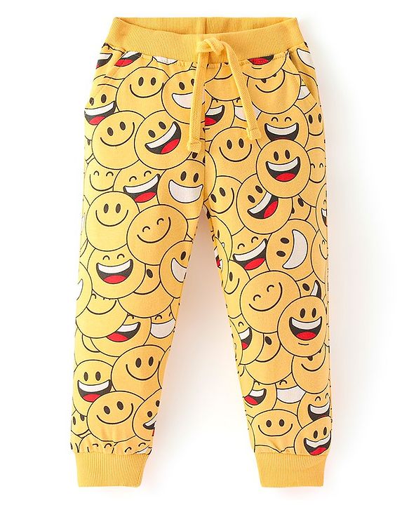 Babyhug Cotton Looper Knit Full Length Smiley Printed Lounge Pant - Yellow